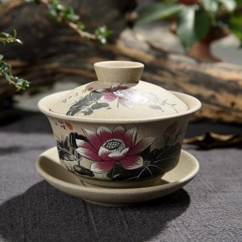 Chinese Pottery Gaiwan Ceramic Hand Painted Lotus Teacup Creative Handmade Tea Bowl with Cover Tea Set Retro Kung Fu Water Mug
