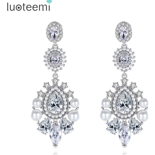 LUOTEEMI Imitation Pearl Drop Earrings for Women Wedding Engagemnet Accessories for Women High Quality Zirconia Pendant Earrings