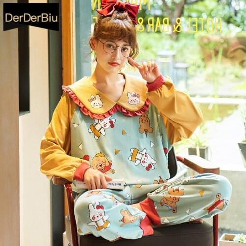 Cartoons Sleepwear Autumn Womens Cotton Pajamas long-sleeved Nightwear ladies pyjama Home Clothes Large size Pijamas mujer XXXL