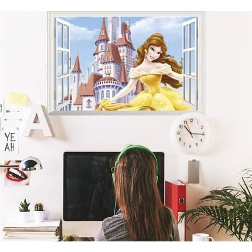 Cartoon Belle Princess 3d Window Wall Sticker For Home Decoration Anime Mural Art Diy Kids Room Bedroom Wall Decals