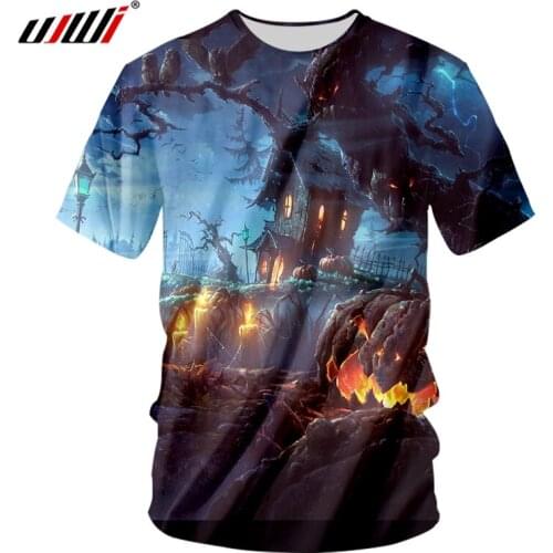 UJWI Halloween Forest Terror Castle Ghost Mens T Shirt 3D Printed Big Mouth Flame Pumpkin Man Large Size O Neck Tshirt