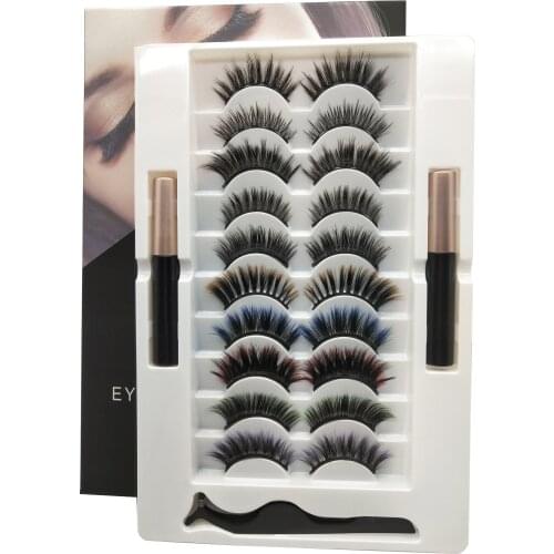 AINIFLY10 Pair of Color Magnetic Eyelashes Mixed Liquid Eyeliner and Tweezers Set Combination Thick Natural Long False Eyelash