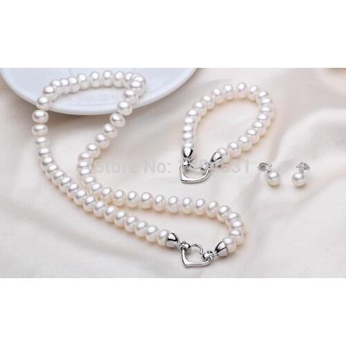 Real Natural Freshwater Pearl Jewelry Sets 3pcs Genuine Pearl Necklace + Real Pearl Bracelet + Earrings Fashion Women Jewelry