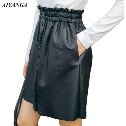 New PU Skirts For Women 2019 Faux Leather Skirts Womens High Waist Skirt With Button Front Spring Skirt Female Black White
