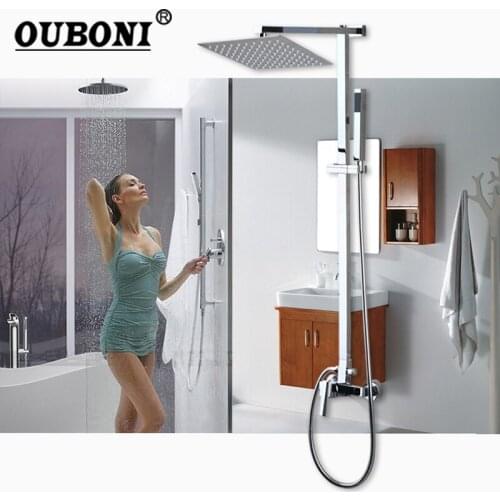OUBONI Fast Free Shipping Bathroom Shower Set 8inch Rain Shower Head Bath Adjudstable Height Shower Mixer with Hand Shower