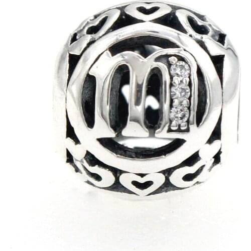 925 Sterling Silver Letter m Heart Charm with Clear CZ Bead Fit Original Pandora Charms Bracelet DIY Jewelry Making For Family