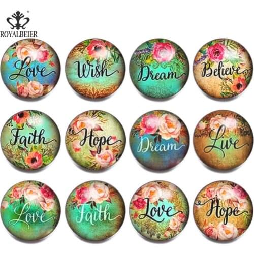 RoyalBeier 12pcs/lot Mixed Styles Patterns Button Blessing 18mm Women Snap Buttons Round Glass Fit Snaps Bracelets DIY Jewelry