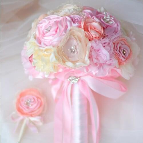 Pink Wedding Bouquet Bridal brooch bouquet custom made Ivory & Pale pink coral Bride 's Pearl organza fabric cloth Bouquets