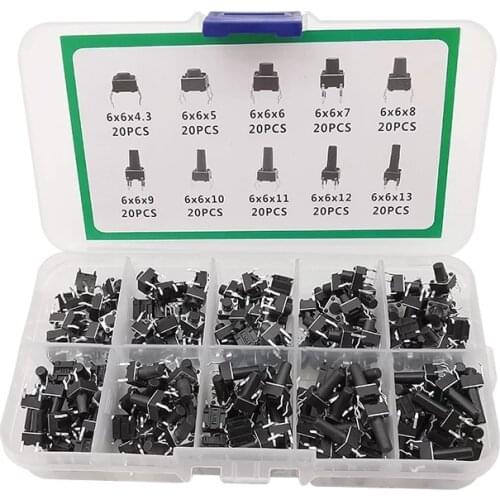 200Pcs/Box 6*6 Tact Switch Tactile Push Button Switch Kit 10 Type DIP 4 Pin ON/OFF Switch 4.3MM~13MM DIY Tool Keys Switch Set