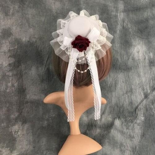 Japanese Lolita Vintage Small Top Hat Hairpin Ruffles Lace Ribbon Bow Rose Flower Headdress Performance Hair Accessories
