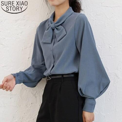 Spring Korean Women Blouse Women Shirts Bow with Button Camisas Mujer Casual Loose Long Sleeve Solid Color Ladies Tops 8896 50