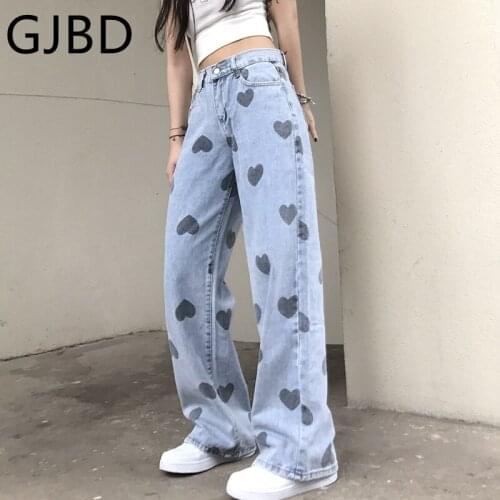 Womens Jeans Streetwear Heart Print Casual Baggy Wide Leg High Waist Streetwear Trouser Vintage Straight Jeans Mom Denim Pants