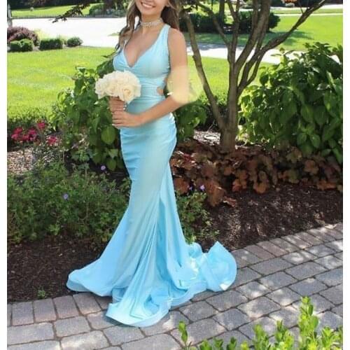 Vintage Long V-Neck Satin Prom Dresses with Pockets Spaghetti Criss Cross Back Mermaid Blue Abendkleid Robes de Soirée for Women