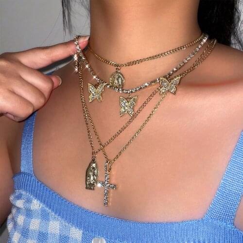 2021 Multilayer Coin Portrait Virgin Mary Jesus Pendant Necklaces For Women Butterfly Crystal Tennis Chain Choker Jewelry Gift