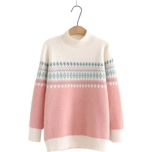 2021 Winter Women Knitted Pullovers Sweaters Argyle Embroidery Full Sleeve Warm Jumpers Female Soft Graphic Embroidery Knitwear