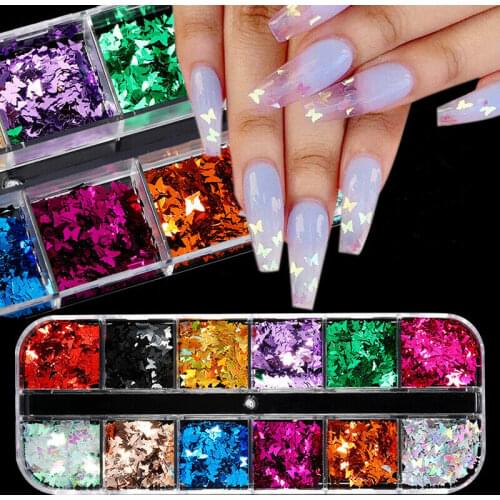 12pcs / set 3D glittering butterfly nails glittering sequins mix color nail art decoration