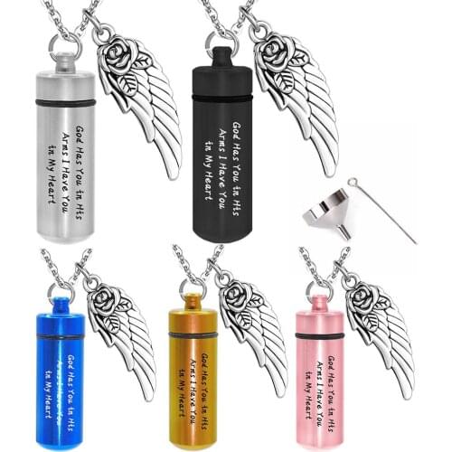 God Has You in His Arm Charm Cylinder Cremation Jewelry Angel Wing Necklace Urn Memorial Keepsake Pendant for Ashes with Funnel