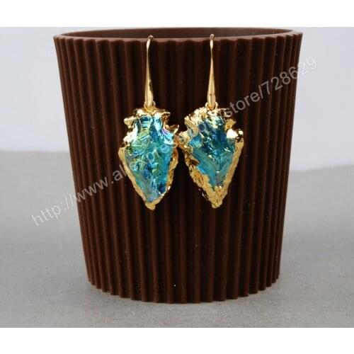 BOROSA 5PCS Fashion Gold Color Rough Natural Titanium Quartz Arrowheads Charm Earrings G0757