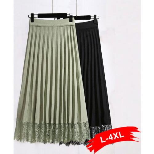 Patchworked Plus Size Lace Pleated Sweater Skirts 5XL Spring Sexy High Waist Warm Thick Midi Long Knitted Skirt Mujer Faldas