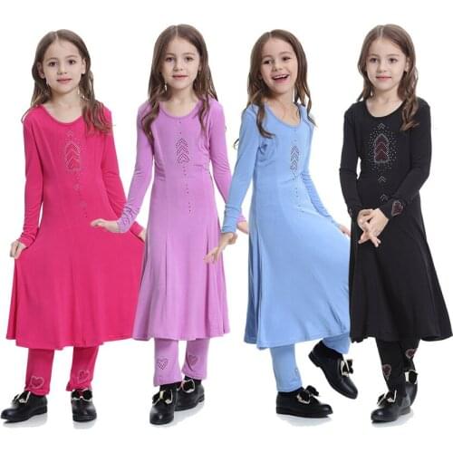 Dubai Abaya for Baby Girls Muslim Sets Ramadan Turkey 2pc Set Solid Color Plus Size Long Sleeve Children Dress Kids Girl Robe