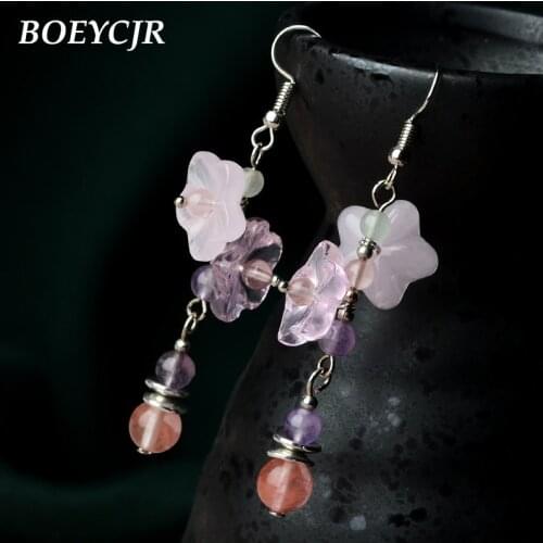 BOEYCJR Ethnic Handmade Elegant Stone Flower Drop Earrings Dangle Hook Earrings For Women Vintage Jewelry Gift