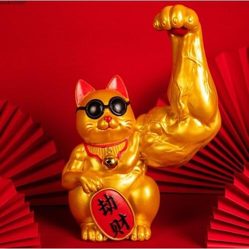 European Abstract Golden Lucky Cat Sculpture Giant Hand Muscle Arm Resin Cute Animal Statue Figurine Countertop Room Decoration
