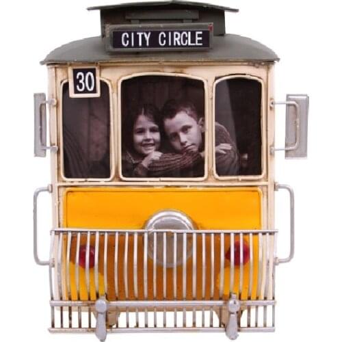 Photo Frame Yellow Tram Metal Vintage Gift Decorative Trinket Miniature Nostalgic Handmade Hand Painted Quality Durable Decor