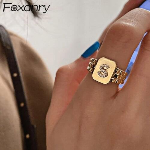 Foxanry 925 Sterling Silver Zircon Rings INS Fashion France Gold Plated Letter S Elegant Wedding Bride Jewelry Gifts for Women