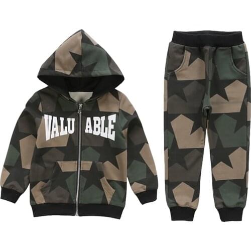 Camouflage Clothing Sets Boys Hooded Tops Trousers Autumn Long Sleeve with Zipper Pants Suits Letter Coat Casual Teen Outfits