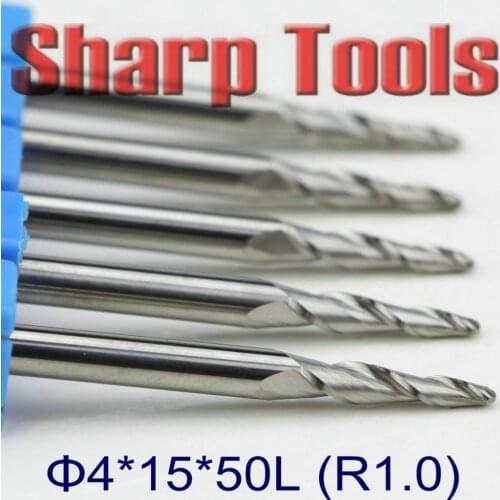 4*15mm 1.0R Two Flute Tapered Ball Nose End Milling Cutter Knife Bits Router Tool 50L CNC Mill Cutter on Wood 3D Deep Embossing
