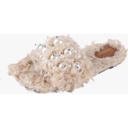 Fur Woolpack flat heels slippers glitter pearls home slides furry open toe flip flops string bead plush shoes warm mules woman