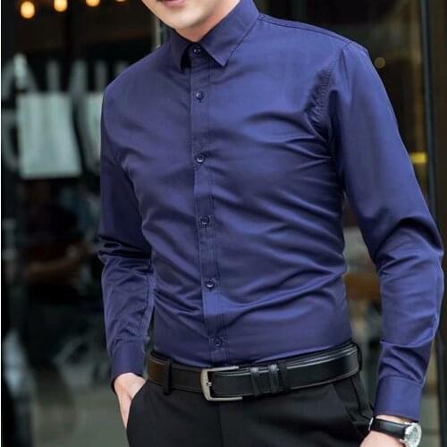Men Clothing Long Sleeve Shirt Dress White Chemise Homme Business Full Shirts Smart Casual Regular Turn-down Collar Pink Blue