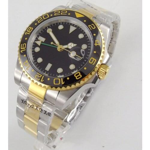 40mm Black Dial Automatic GMT Movement Yellow Gold Sapphire Glass Bracelet Strap Date Window Self Winding Mens Watch