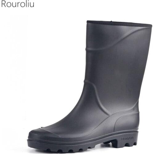 Rouroliu Men Spring Autumn Water Boots 2021 Waterproof Mid-Calf Work Shoes Non-Slip PVC Rainboots