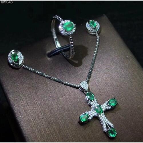 Natural and Real Emerald jewelry set Natural Real Emerald 925 sterling silver 1pc cross pendant,1pc ring ,2pcs Earring