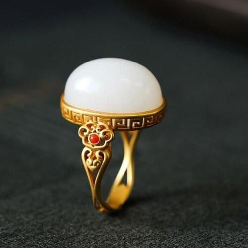 Independent design natural Hetian white jade pattern hollow gilt oval opening adjustable ring palace style ladies jewelry