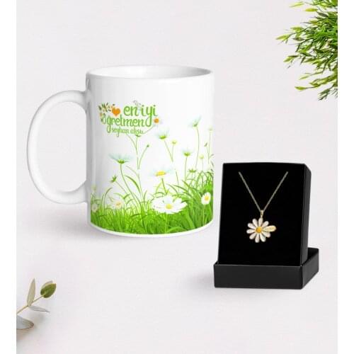 Personalized Daisy Themed Best Teacher Mug And Daisy Necklace Gift Seti-6