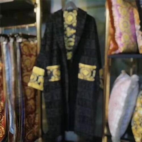 European style luxury royal palace royal cotton clipped wool black high-end tie pajamas long bathrobe home wear for both men and