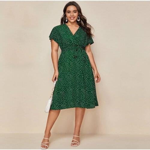 DOIB Women Plus Size Dress Gree White Polka Dot V Neck Sashes Large Size Dress 2020 Summer Split Oversize Female Dress 4XL