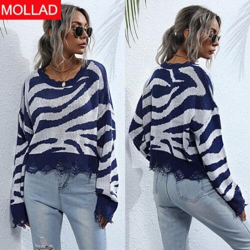 Knitted Loose Pullover woman Sweater Short O-Neck Zebra Striped Womens sweaters Blue White Female Thin Tops Casual Sweater