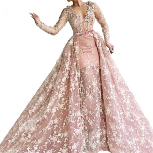 Pink Muslim Evening Dresses Mermaid V-neck Long Sleeves Appliques Lace Dubai Saudi Arabic Long Evening Gown