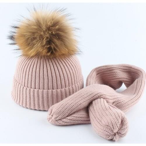 Knit Hat Scarf Set Baby Boy Girl Winter Beanie Warm Angora Real Raccoon Fur Pompom Headwear Skiing Outdoor Accessory