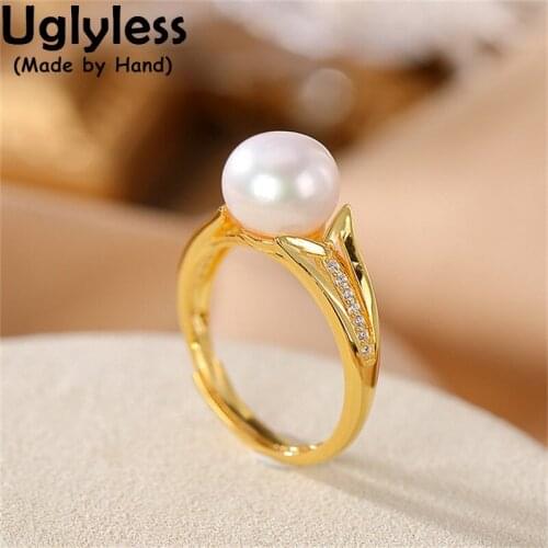Uglyless Organic Gems Natural Pearls Rings for Women Freshwater Real Pearls Jewelry 100% Genuine 925 Sterling Silver Rings Gold