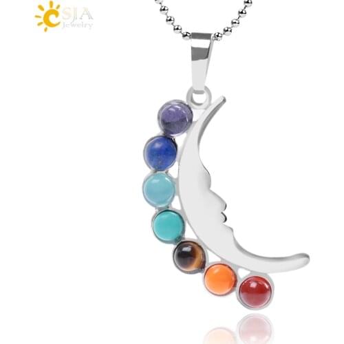 CSJA Tibetan Buddhism 7 Chakras Luna Half Moon Necklaces & Pendants Round Gem Stone Yoga Beads Reiki Healing Jewellery Gift F025