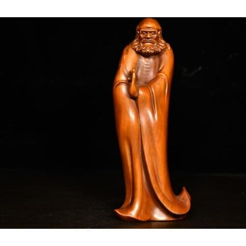 Home Decor 8" China Collection Old Boxwood Dharma Buddha Bodhidharma Master Zu Enshrine the Buddha