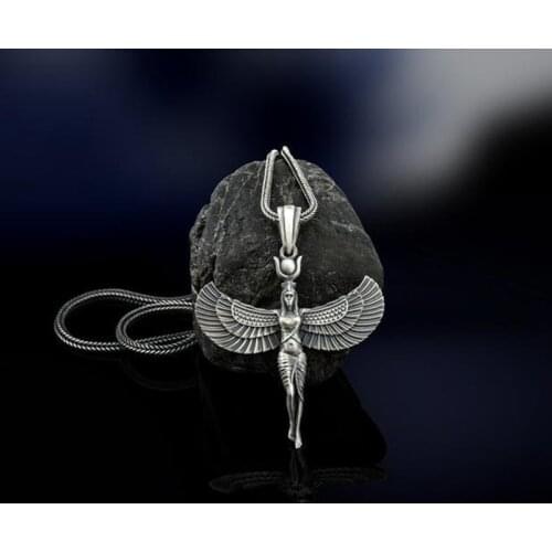 Ethnic Ancient Egyptian Goddess Necklace Antique Silver Color Angel Wings Pendant Necklaces For Women Men Vintage Egypt Jewelry