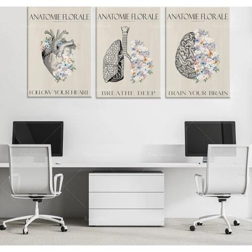 Gallery 3 Posters Vintage Floral Anatomy | Heart Brain Lung | Pastel Flower Bohemian Print | Anatomical Wall Decoration Printing