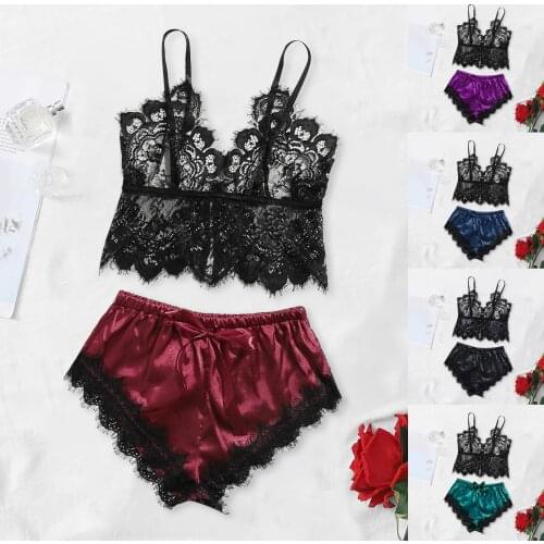 2PC New Sexy Lace Lingerie Set Lenceria Sensual Mujer Silk Underwear Sleepwear Pajamas Satin Plus Size Cексуальное белье