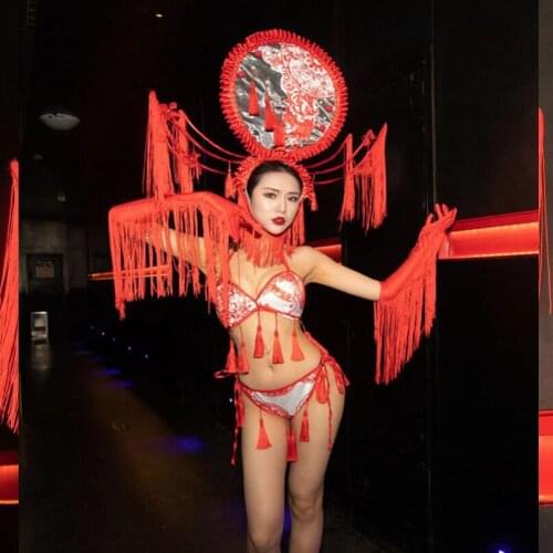 Red chinese folk dance costume stage performance show wear women sexy bikini model show outfit cool headdress