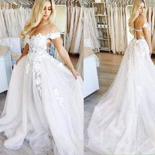 Cap Sleeves Wedding Gowns Sexy V Neck Appliques Lace Tulle Wedding Dress Vestido De Noiva Bridal Dresses 2019